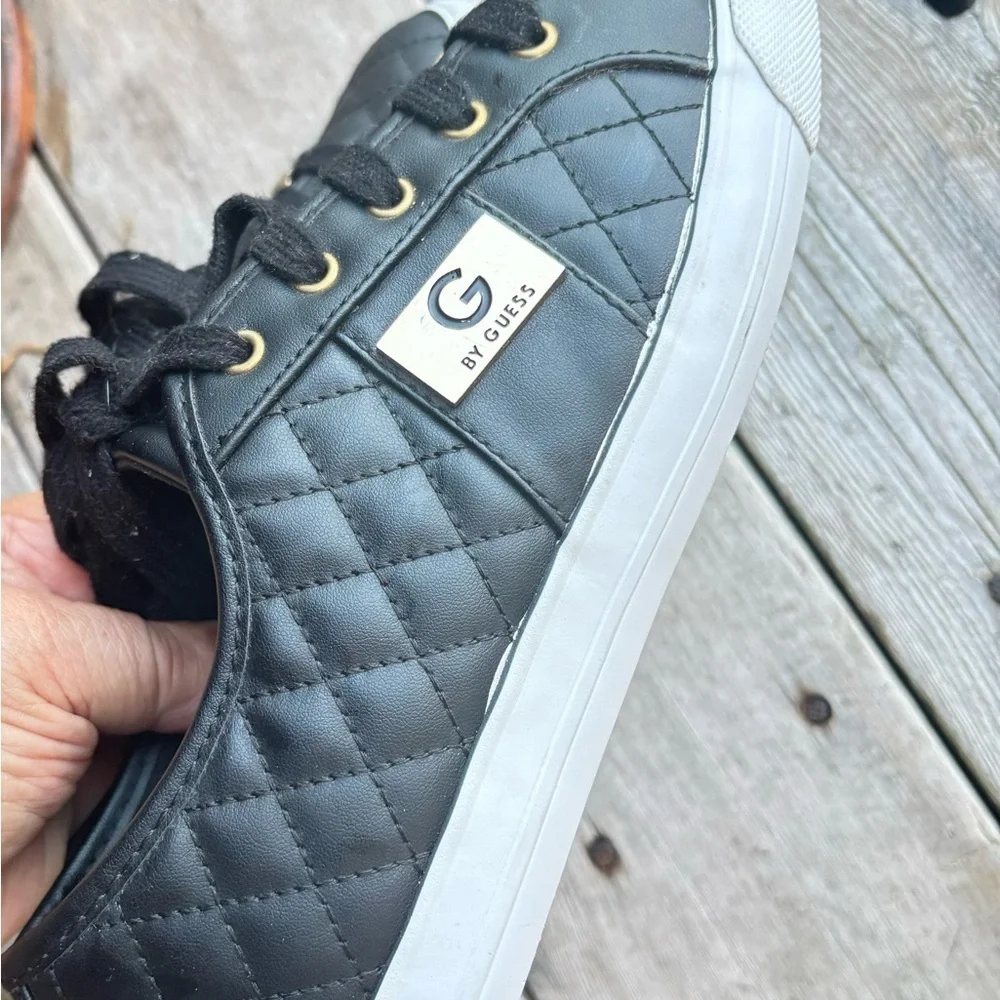 G By Guess Leather Quilted Black Sneakers Gold Embellished